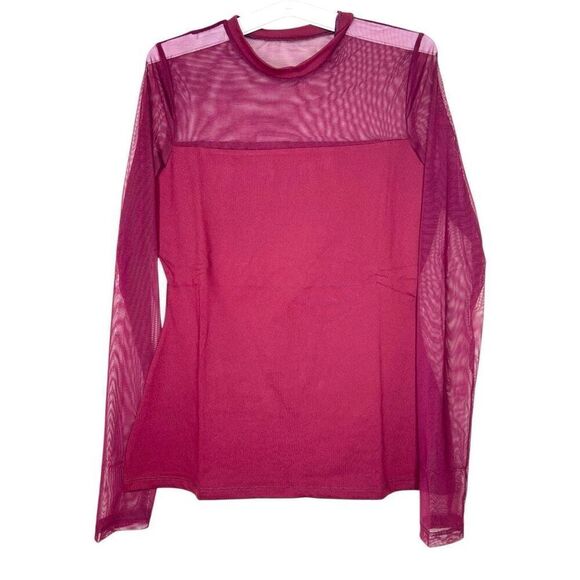 NEW Susana Monaco Crew Neck Mesh Long Sleeve Top in Oxblood Medium - Picture 1 of 13